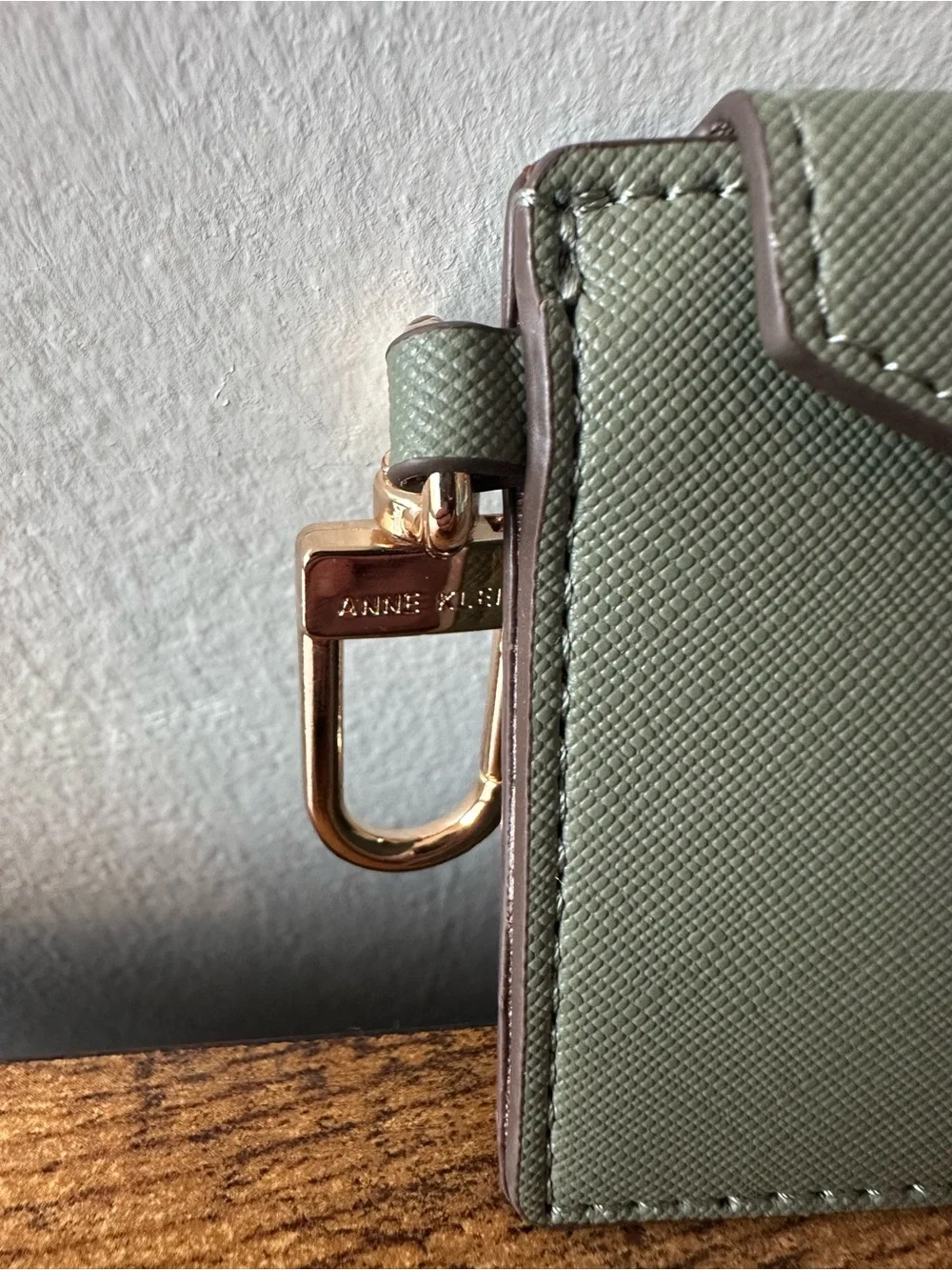 Anne Klein Sage Green Envelope Card Holder w/ Gold Snap Bag Charm Keychain NWOT